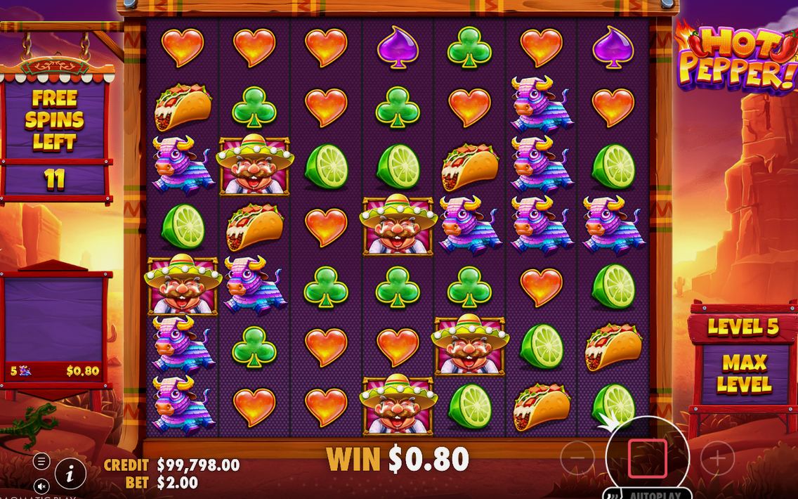 Free spins on purple grid, WILD locked at level 5.