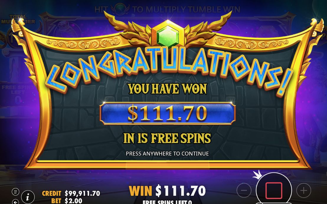 Win screen showing payout after a tumble step